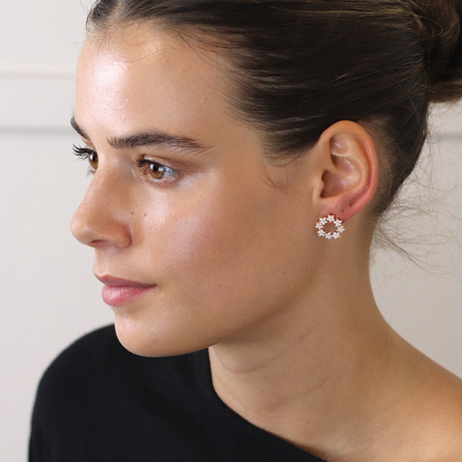 Faux gold floral circle stud earrings with crystals and pearls