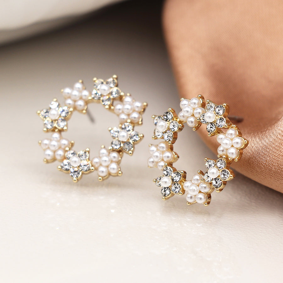 Faux gold floral circle stud earrings with crystals and pearls