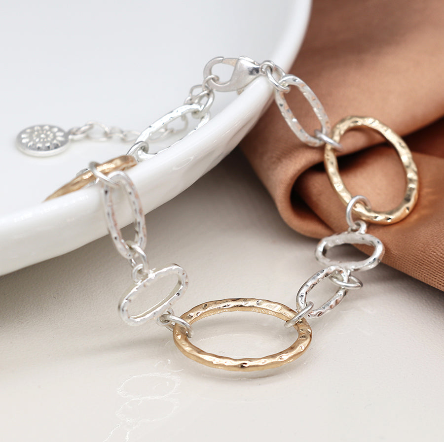 Silver plated and faux gold hammered linked hoops bracelet