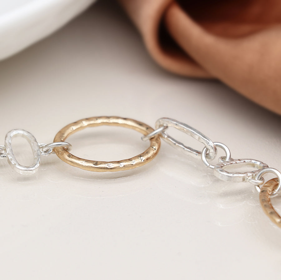 Silver plated and faux gold hammered linked hoops bracelet