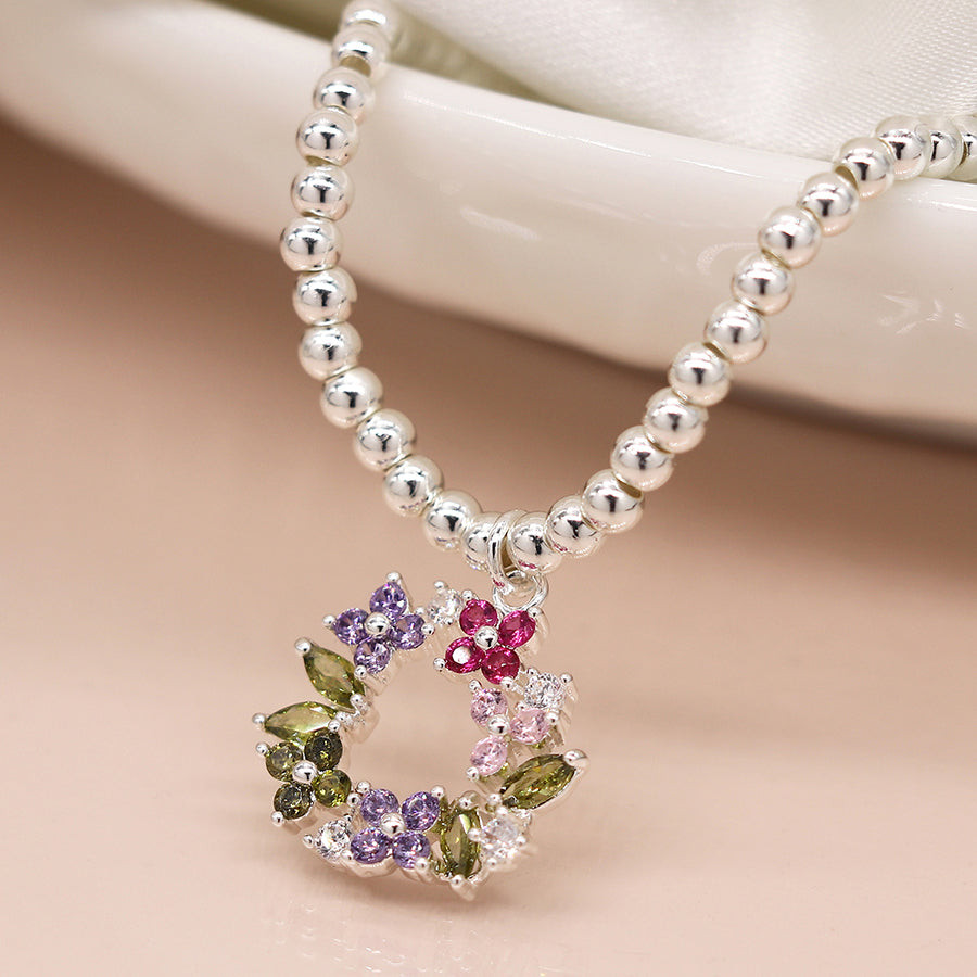 Silver plated floral crystal circle stretch bracelet
