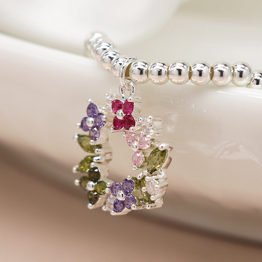 Silver plated floral crystal circle stretch bracelet