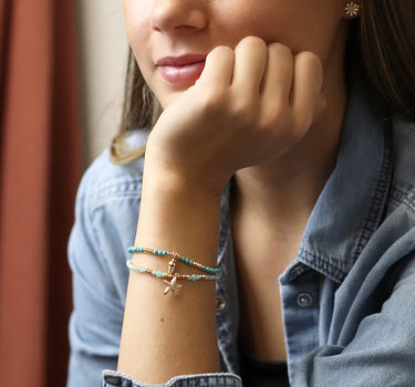 Golden aqua bead and crystal starfish bracelet