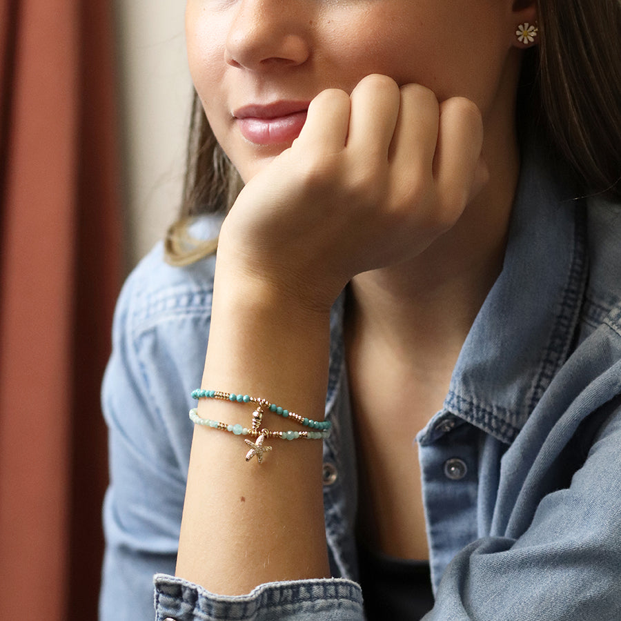 Golden aqua bead and crystal starfish bracelet