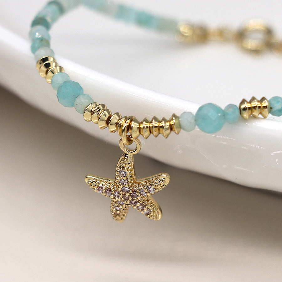 Golden aqua bead and crystal starfish bracelet