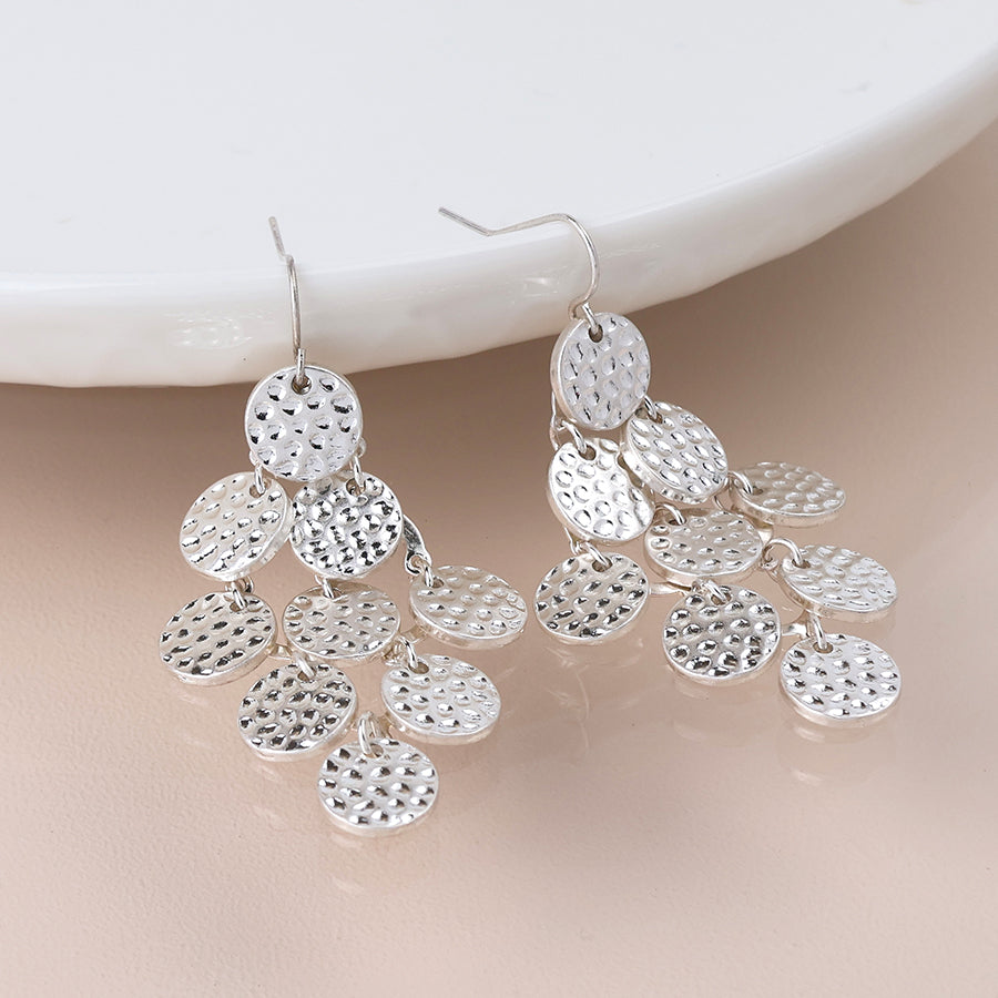 Silver plated multi hammered disc drop earrings