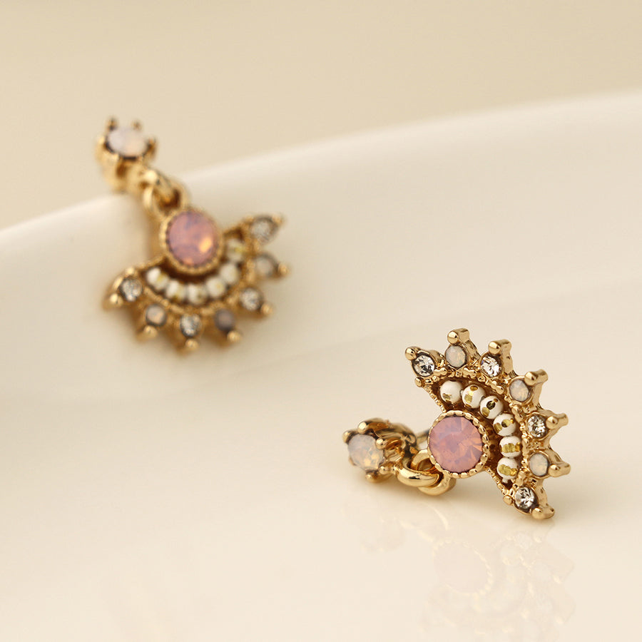 Golden, pink and white fan drop earrings