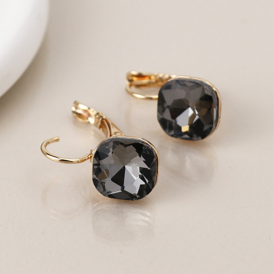 Golden and smoky square crystal drop earrings