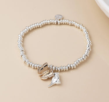 Silver plated bead, bird and golden butterfly charm bracelet