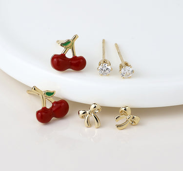 Golden toadstool, bow and cherry stud earring set