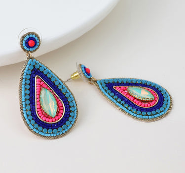 Embellished blue, pink teardrop earrings