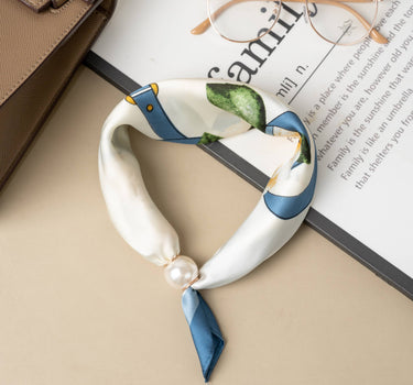 Elegant, chic blue and white floral magnetic scarf with a pearl