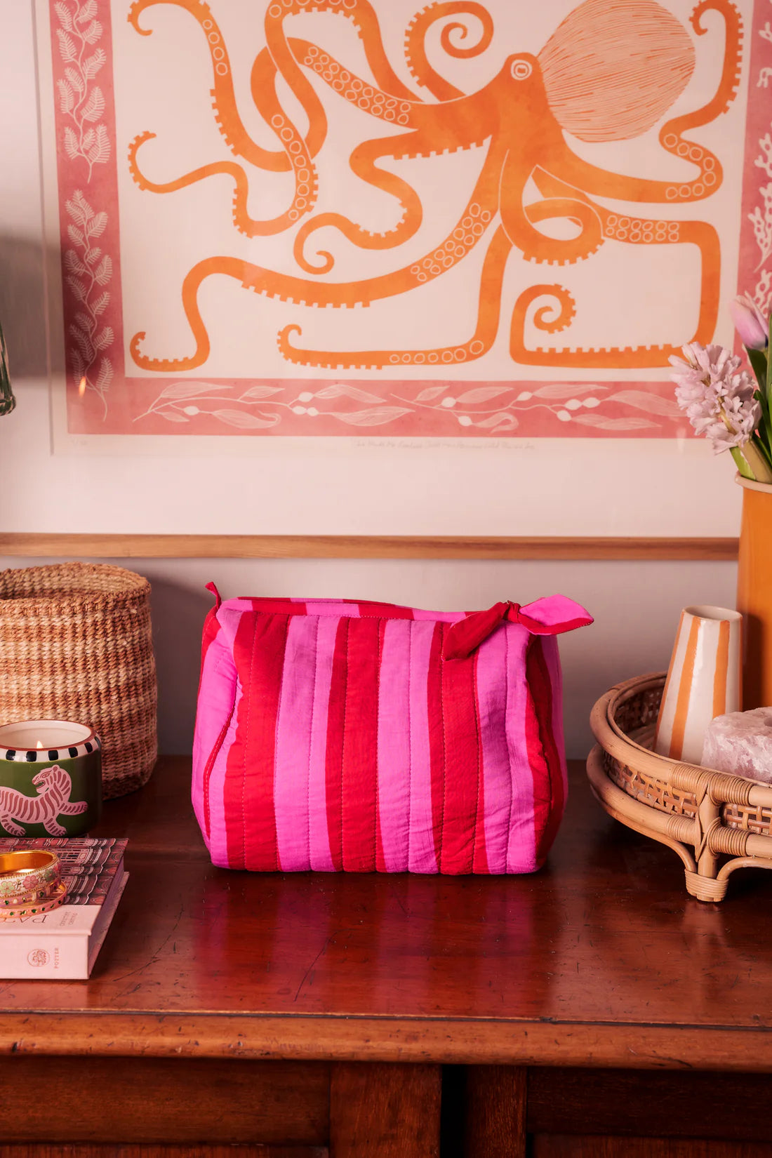 Hand Block Printed Wash Bag red/pink stripe