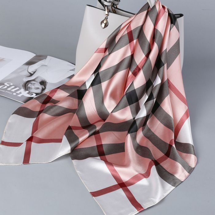 Check print square silky neck scarf in Pink