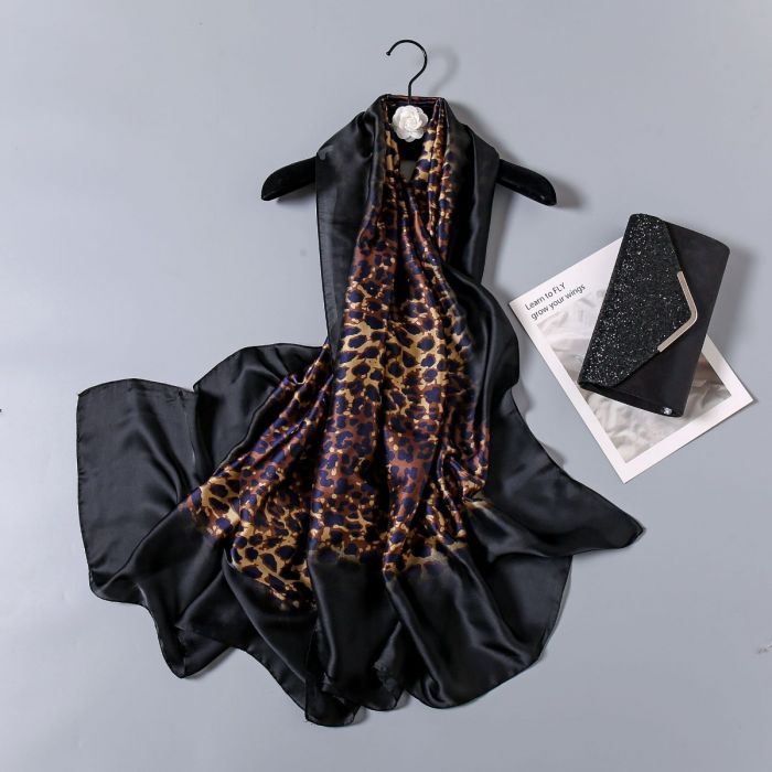 Leopard Print Satin Scarf in Black/Brown