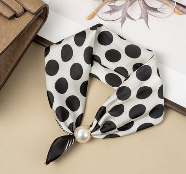Polyester scarf with magnetic bead, black and white polka dot pattern