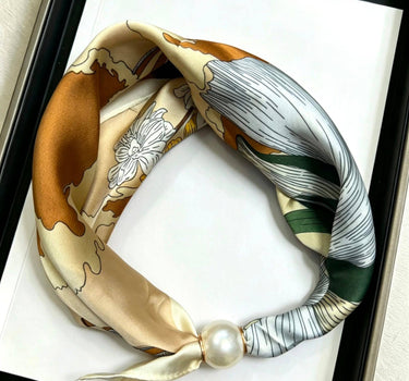 Satin scarf with magnetic pearl clasp