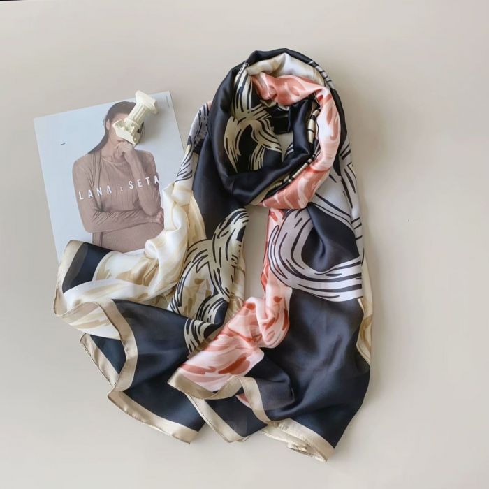 Abstract Floral Satin Scarf in Black/Beige