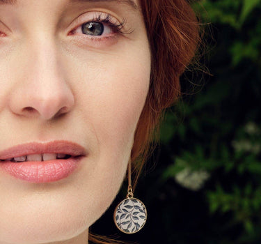 Disc Drop Earrings:  Willow Leaf Print Disc Earrings