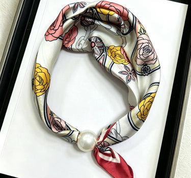 Satin scarf with magnetic pearl attachment