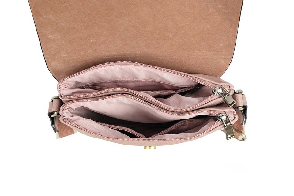 Bag with tan detail and patterned strap