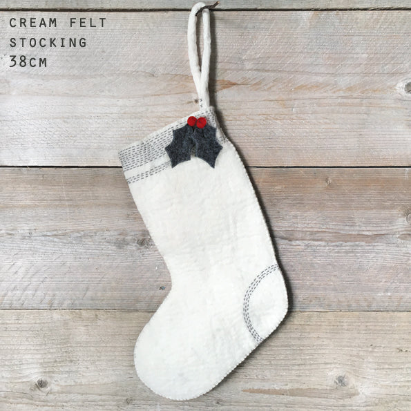 Felt sashiko stocking-Cream