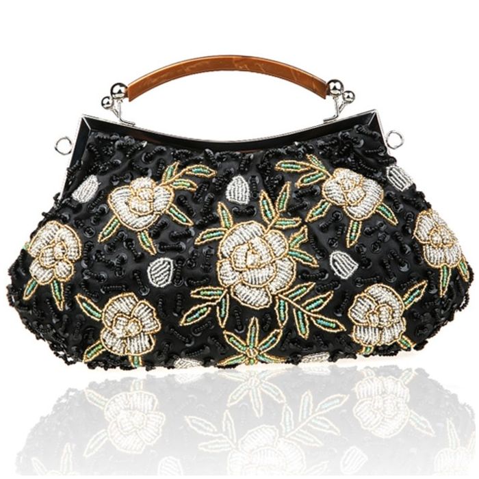 Floral Beaded Evening Clutch Bag in Black