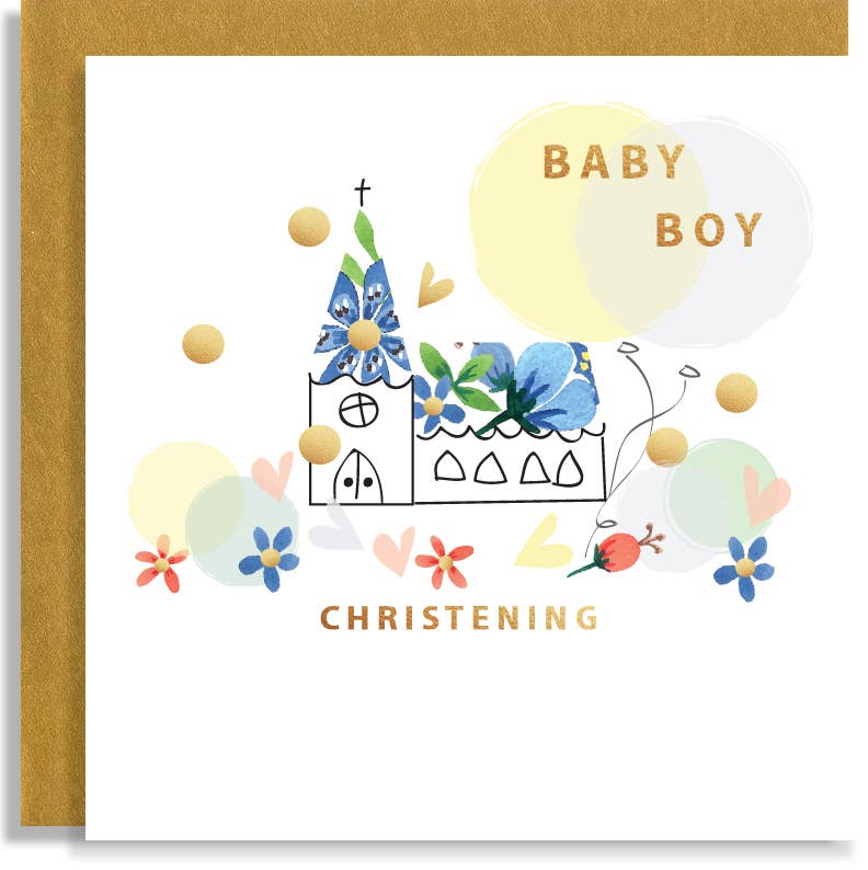 Baby Boy Blue Floral Church Christening Glitter Card