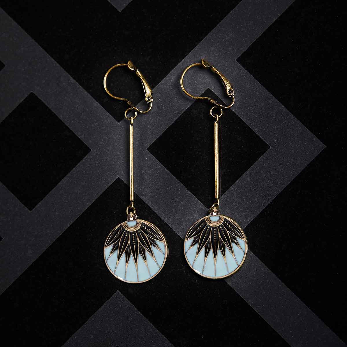 Disc Drop earrings: Vintage Art Deco Style Blue Disc Drop Earrings