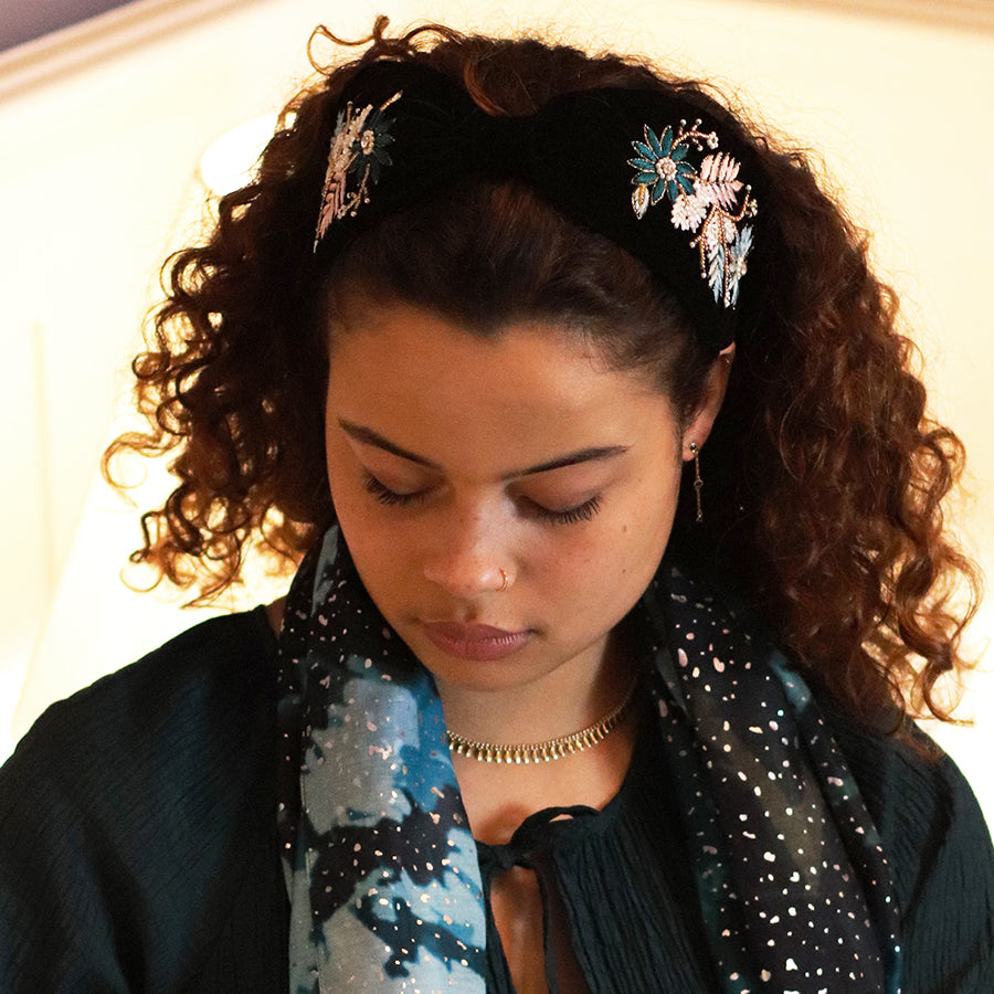 Black embellished floral velvet headband