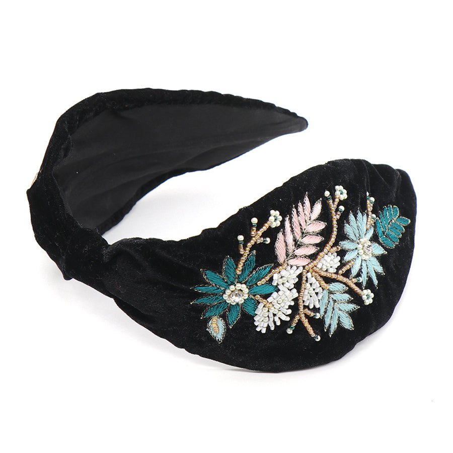 Black embellished floral velvet headband