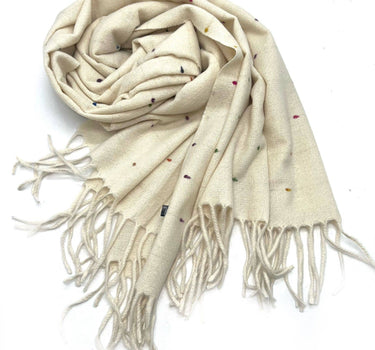 Multicolored polka dot scarf with long fringe