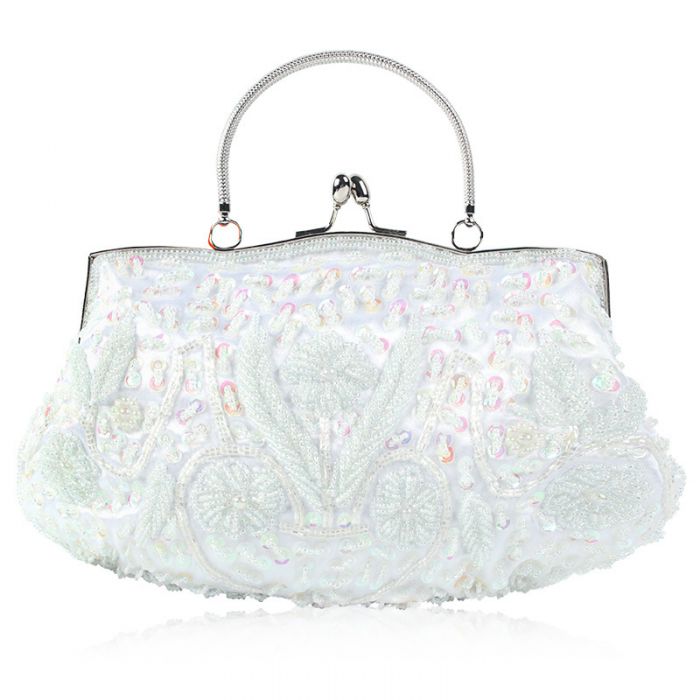 Vintage beaded clutch bag with handle in pure White