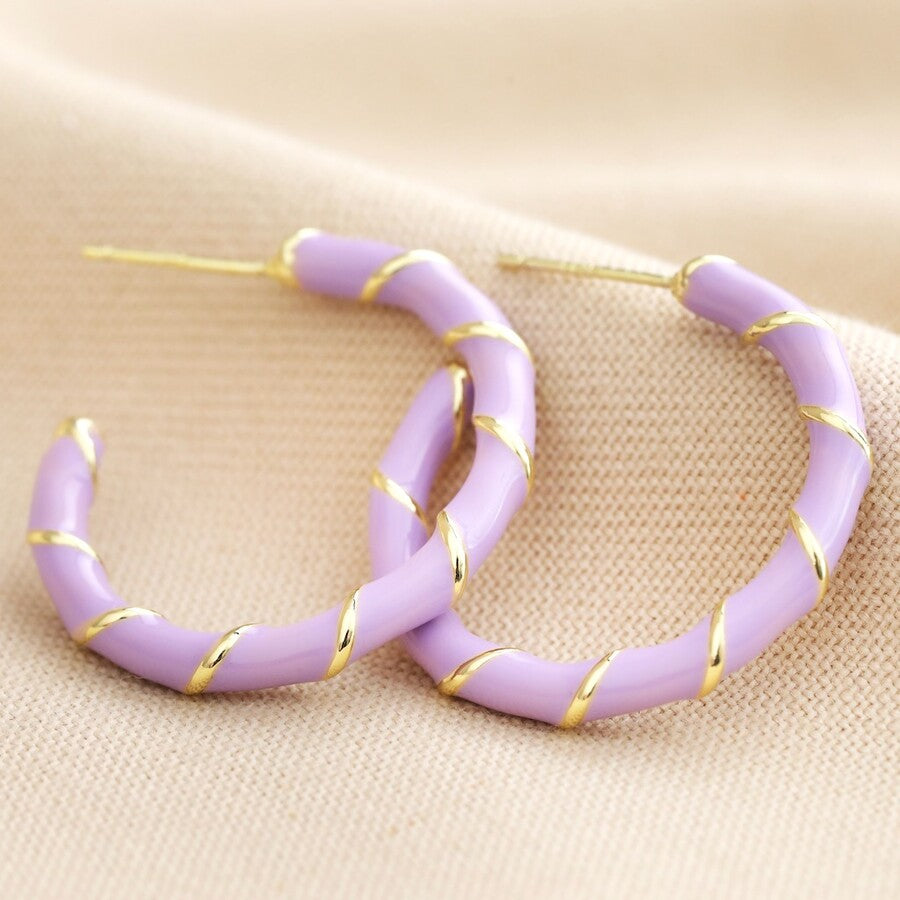 Lilac enamel rope hoop earrings in gold