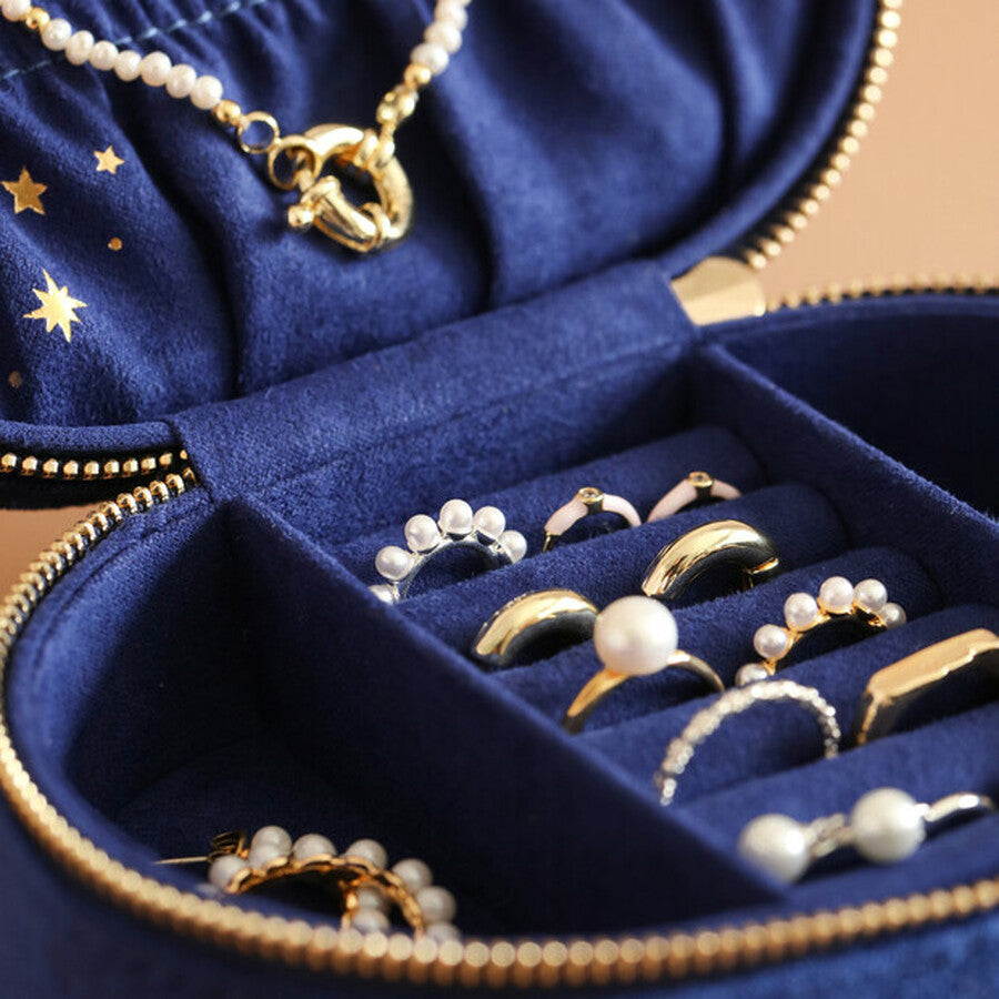 Starry night velvet oval jewellery case in navy