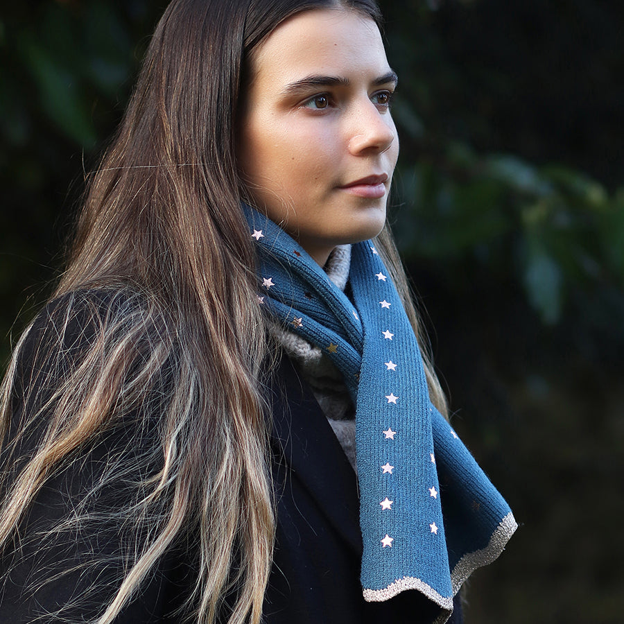Teal recycled blend metallic stars pull through scarf