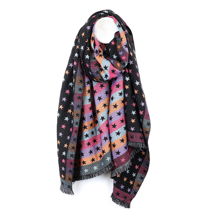 Black and multi jacquard stripes and stars scarf