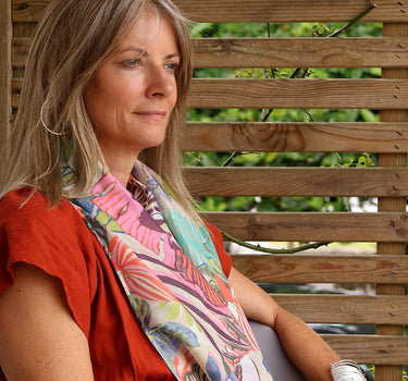 Recycled silky bright tropical leaf print scarf