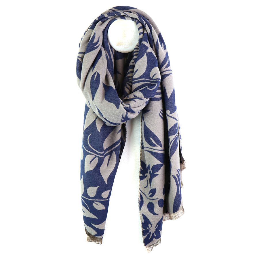 Blue and grey leaf silhouette jacquard scarf