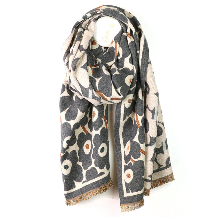 Grey mix poppy print jacquard scarf