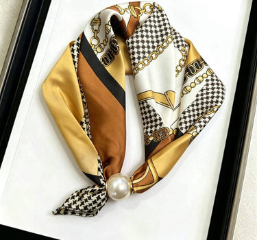 Satin scarf with magnetic pearl clasp