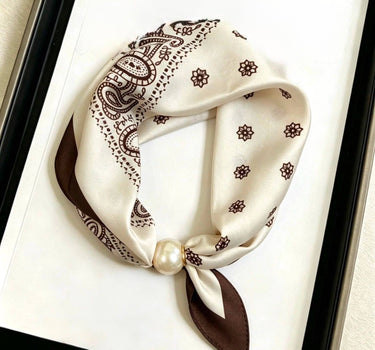 Satin scarf with magnetic pearl clasp
