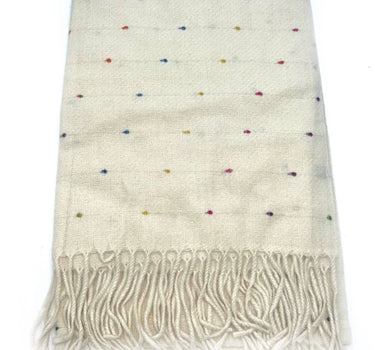 Multicolored polka dot scarf with long fringe