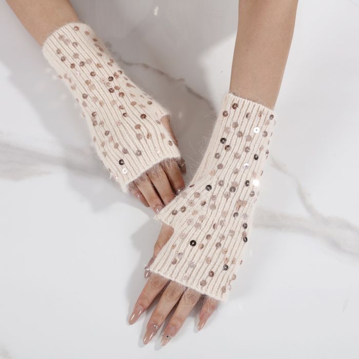 Sequin Fingerless Winter Gloves in Beige
