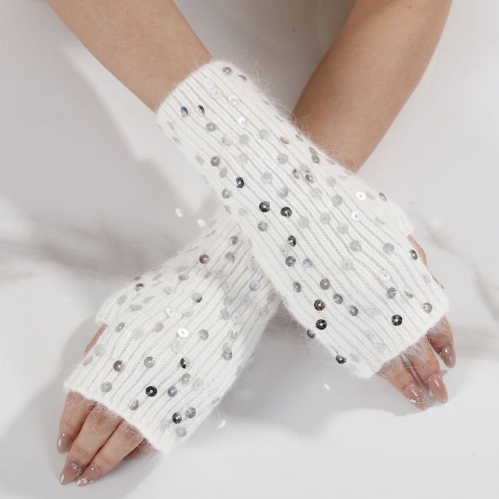 Sequin Fingerless Winter Gloves in Ivory
