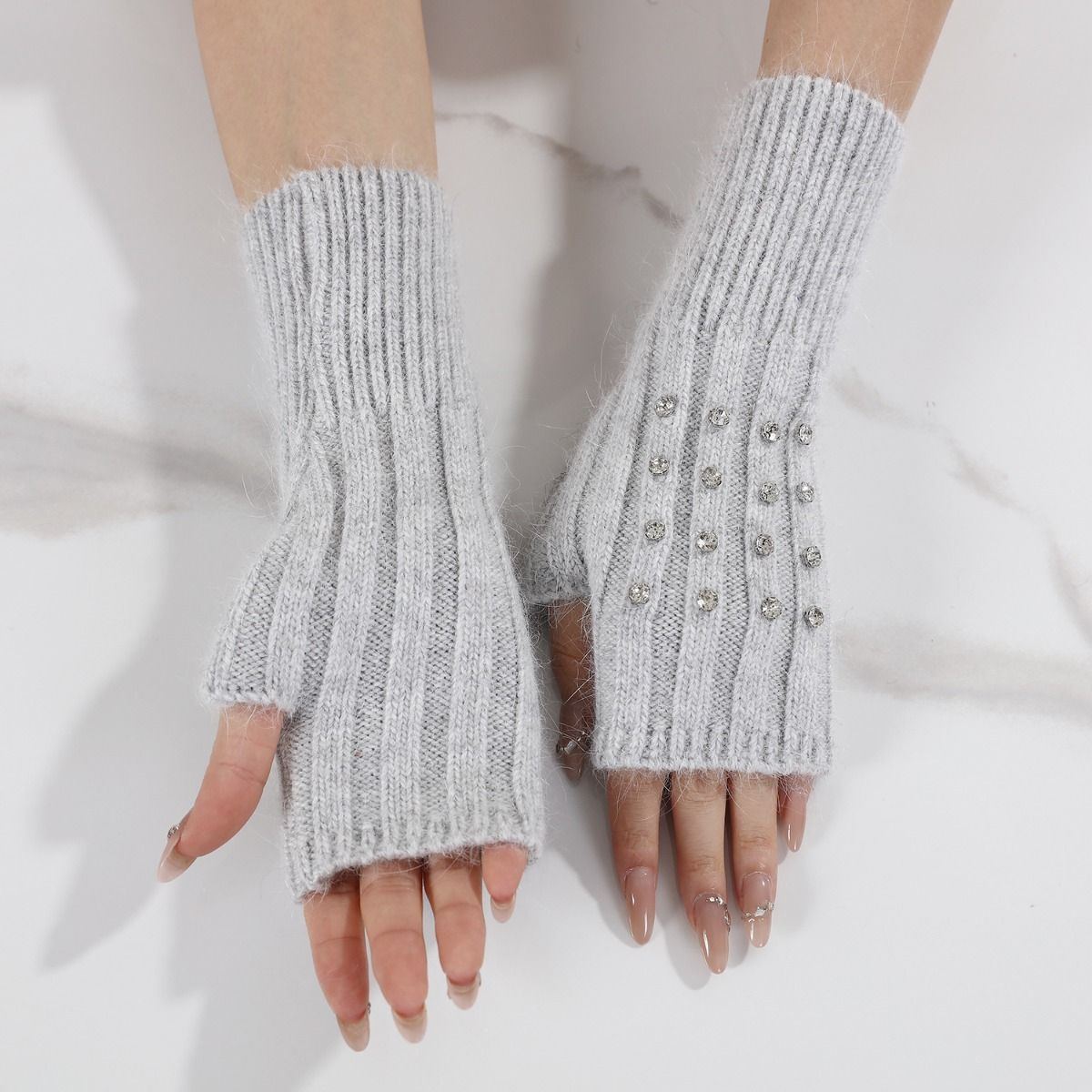 Soft Knitted Fingerless Gloves with Rhinestones