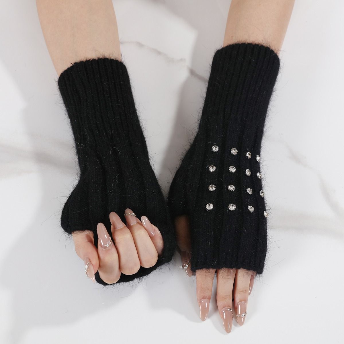 Soft Knitted Fingerless Gloves with Rhinestones