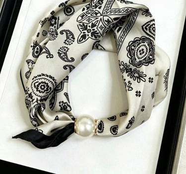 Satin scarf with magnetic pearl clasp