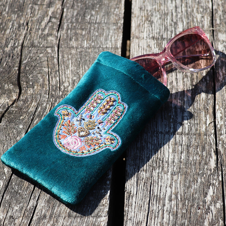 Teal velvet embroidered hand glasses pouch