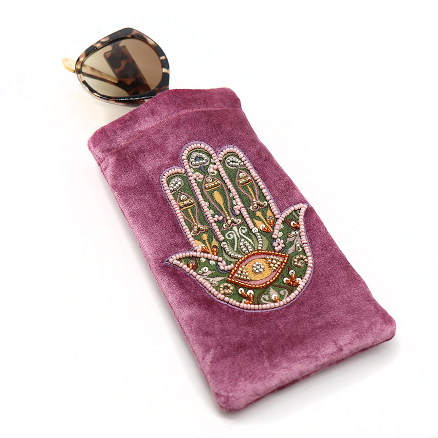 Pink velvet embroidered hand glasses pouch